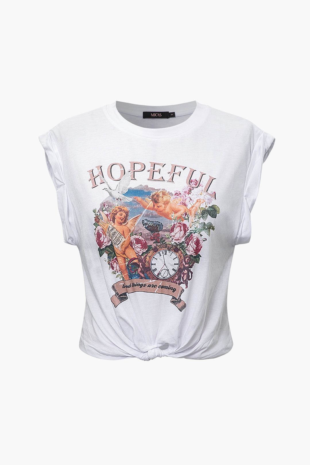Hopeful Graphic Rolled Cuff Knot Hem T-Shirt sold by Micas