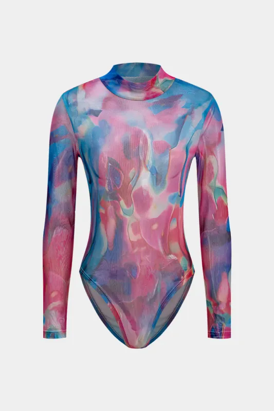 Tie farvestofprint mesh langærmet ren bodysuit sold by Micas