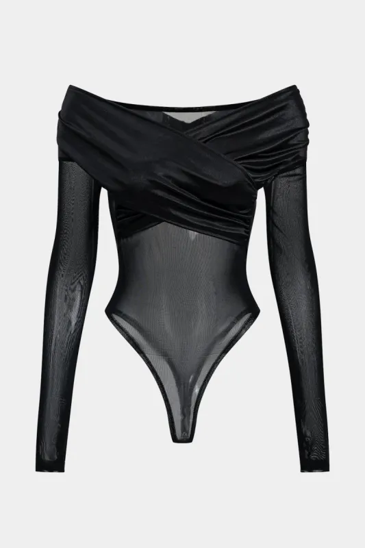 Mesh satin patchwork ren langærmet bodysuit sold by Micas