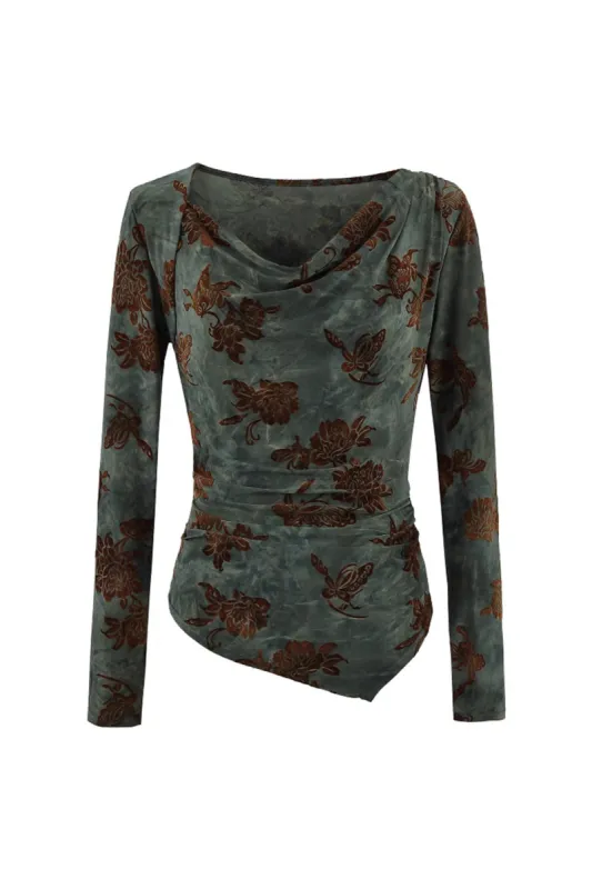 Tie Dye Print Draped Cowl Neck Long-Sleeve Top sold by Micas