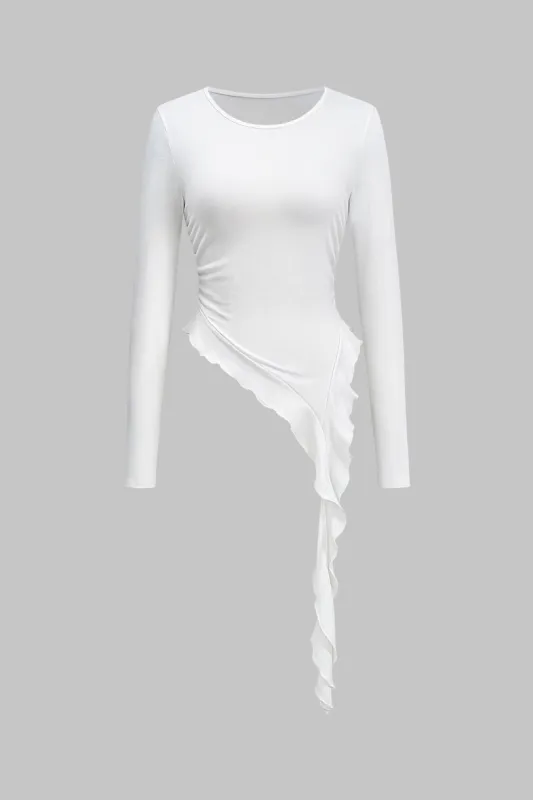 Asymmetrisk faux læder langærmet top sold by Micas