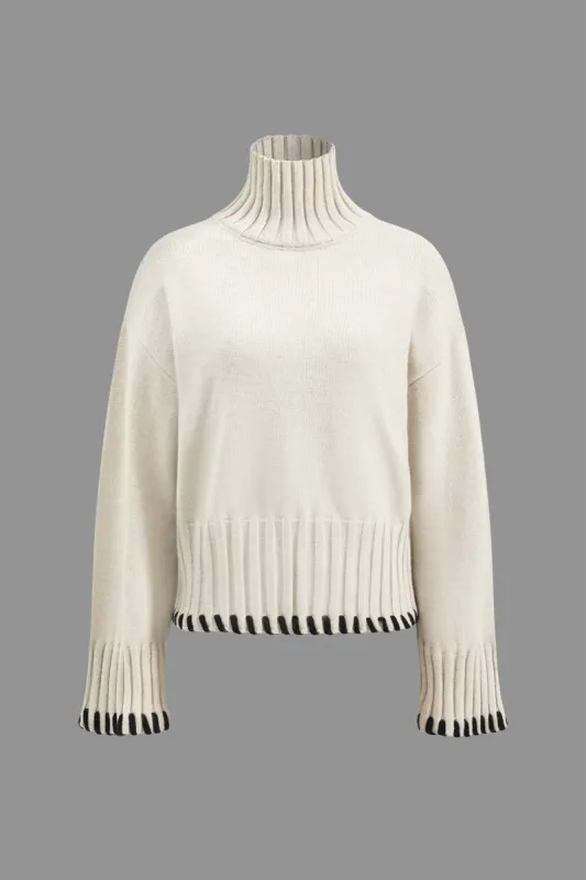 Knit Contrast Whipstitching Long-Sleeve Top sold by Micas