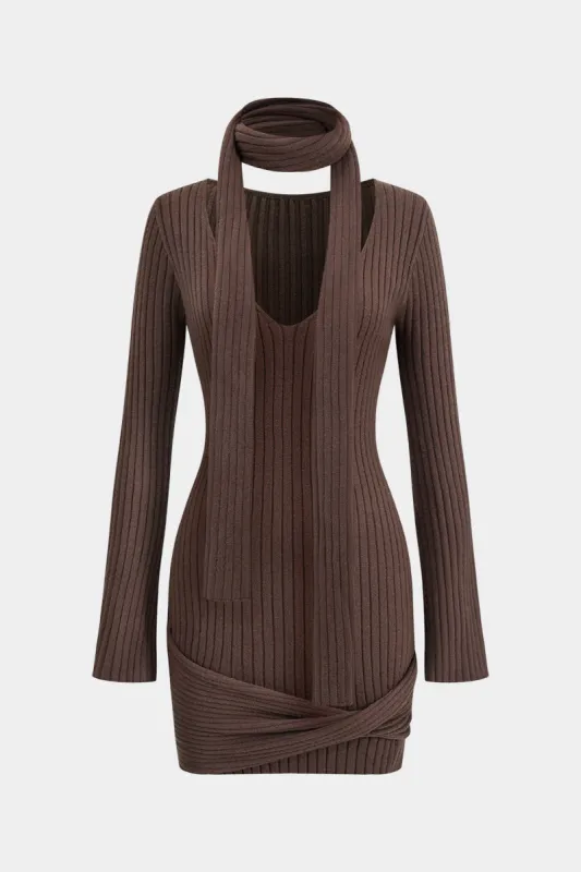 Knit V-Neck Long Sleeve Sweater Dress With Scarf sold by Micas