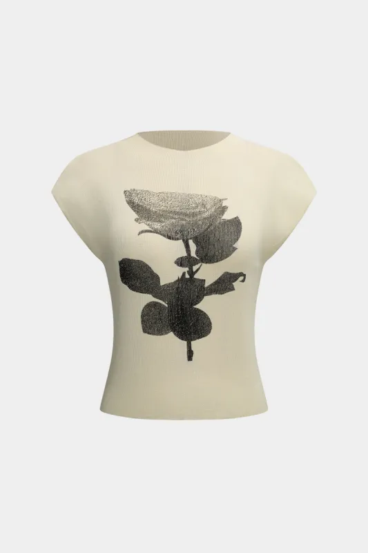 Floral Print Round Neck Short Sleeve T-Shirt sold by Micas