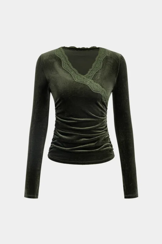 Lace Velvet Patchwork V-Neck Long-Sleeve Top sold by Micas