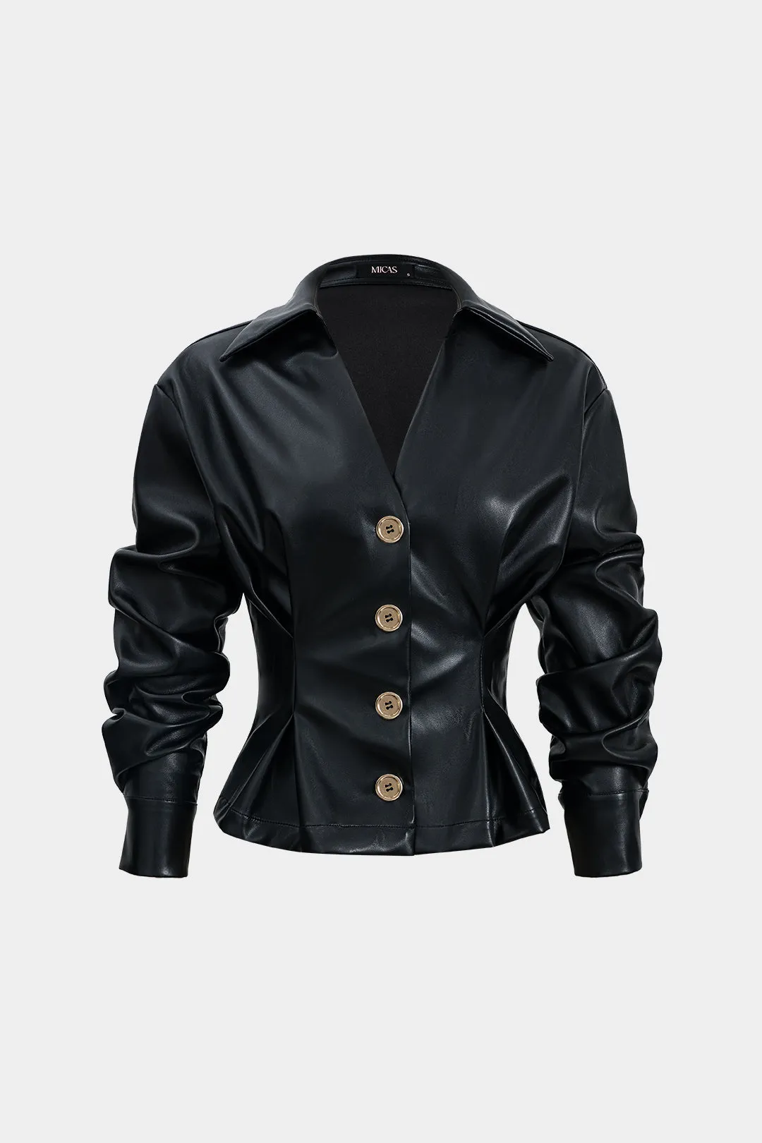 Faux Leather Metallic Buttoned Long-Sleeve Shirt sold by Micas