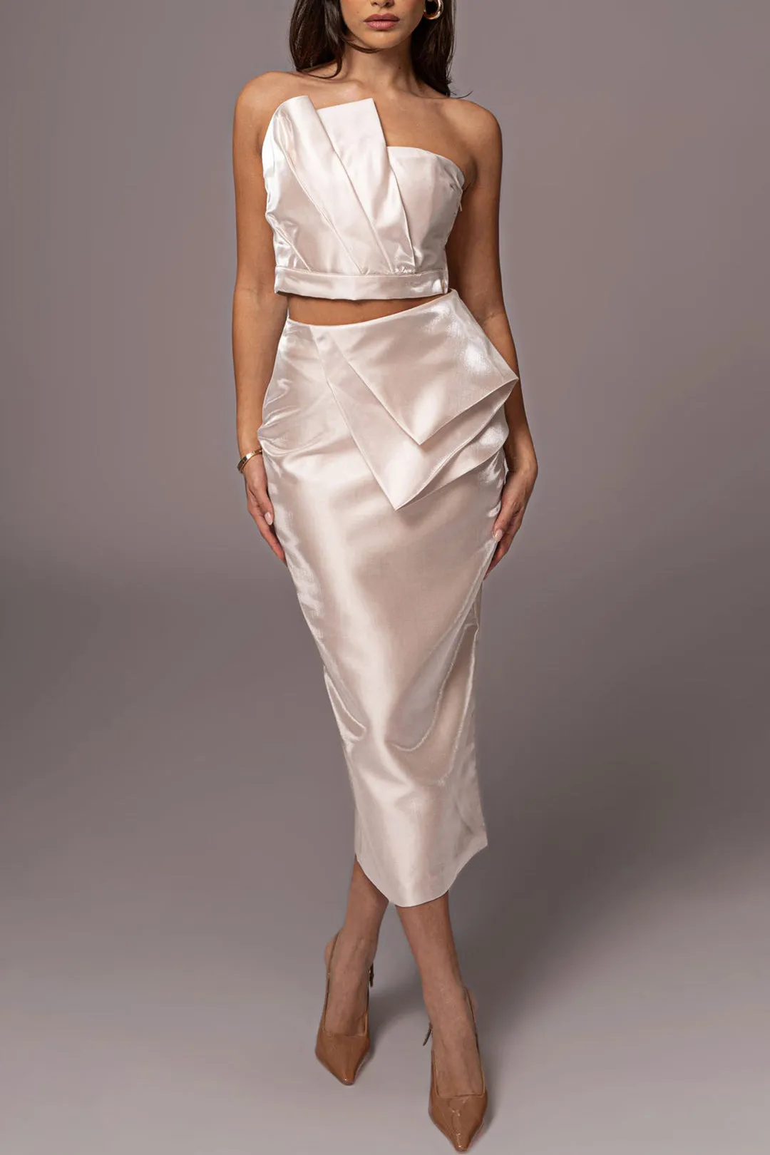 Stain Ruched Tube Top And Skirt Set sold by Micas