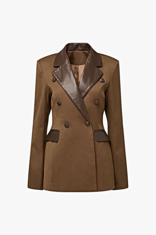 Faux Leather Patchwork Notched Lapel Blazer sold by Micas