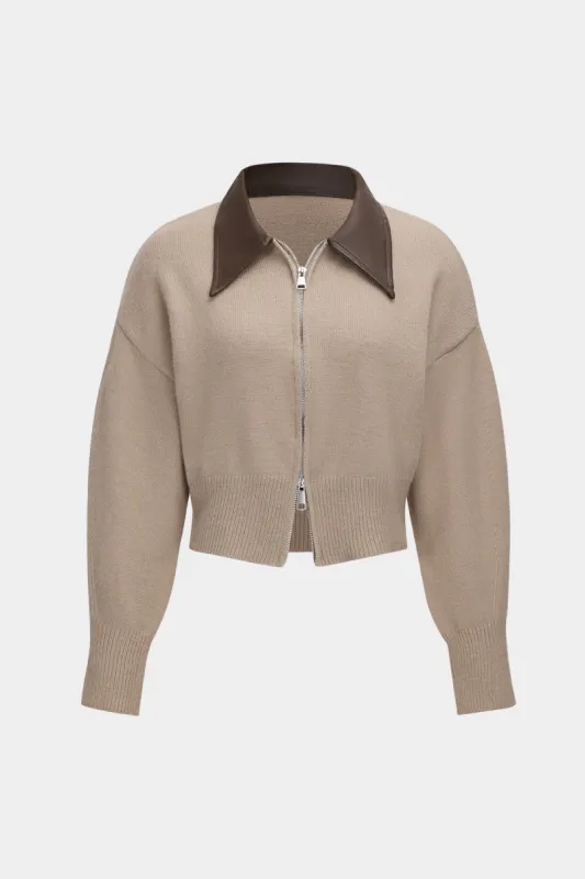 Strik læder patchwork lynlås cardigan sold by Micas