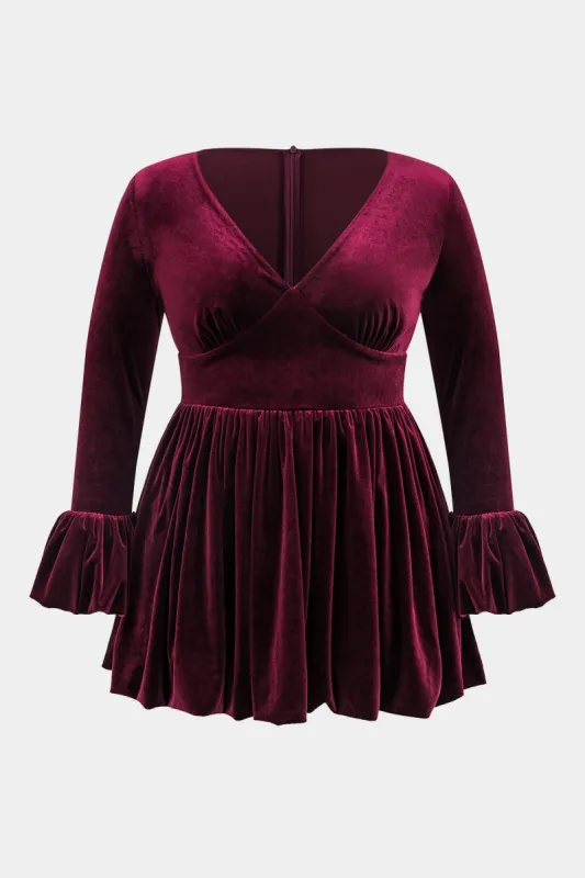 Plus Size Velvet Zipper V-Neck Long Sleeve Mini Dress sold by Micas