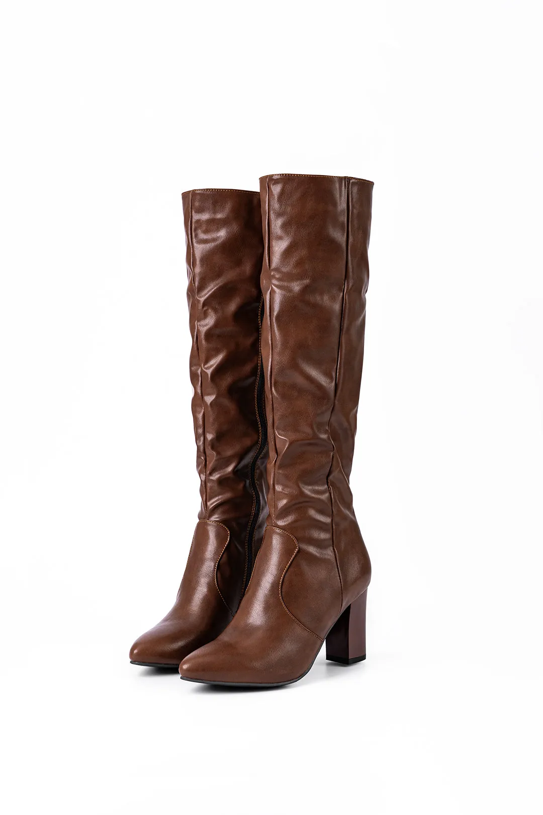 Faux læder side lynlås pegede knæhøje støvler sold by Micas