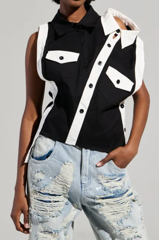 Convertible Contrast Asymmetrical Short-Sleeve Shirt sold by Micas