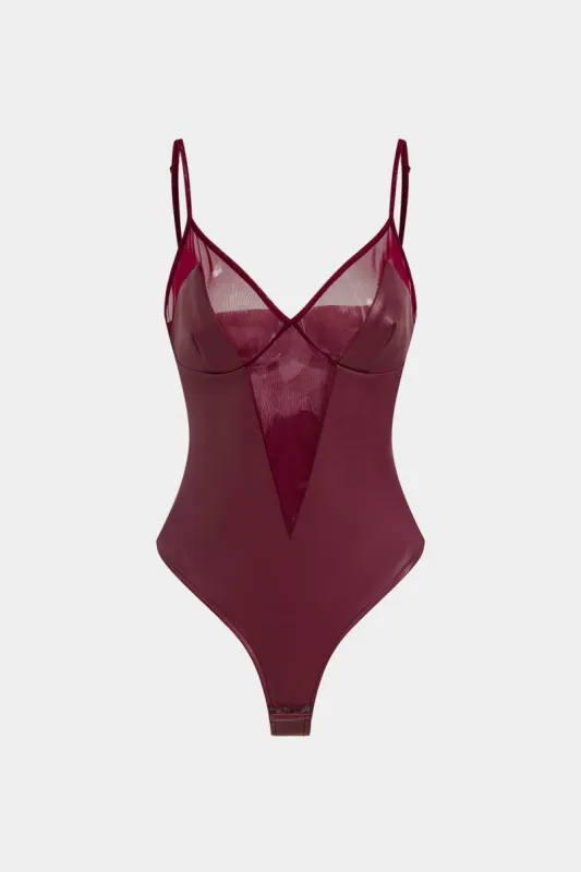 Faux læder mesh patchwork ærmeløs bodysuit sold by Micas