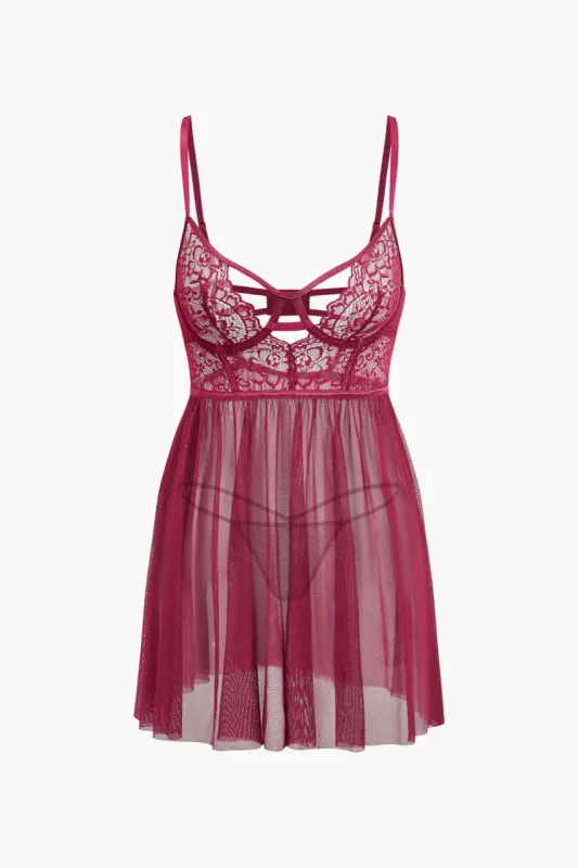 Mesh Bustier udskåret broderi Side Slit Sleepwear Set sold by Micas