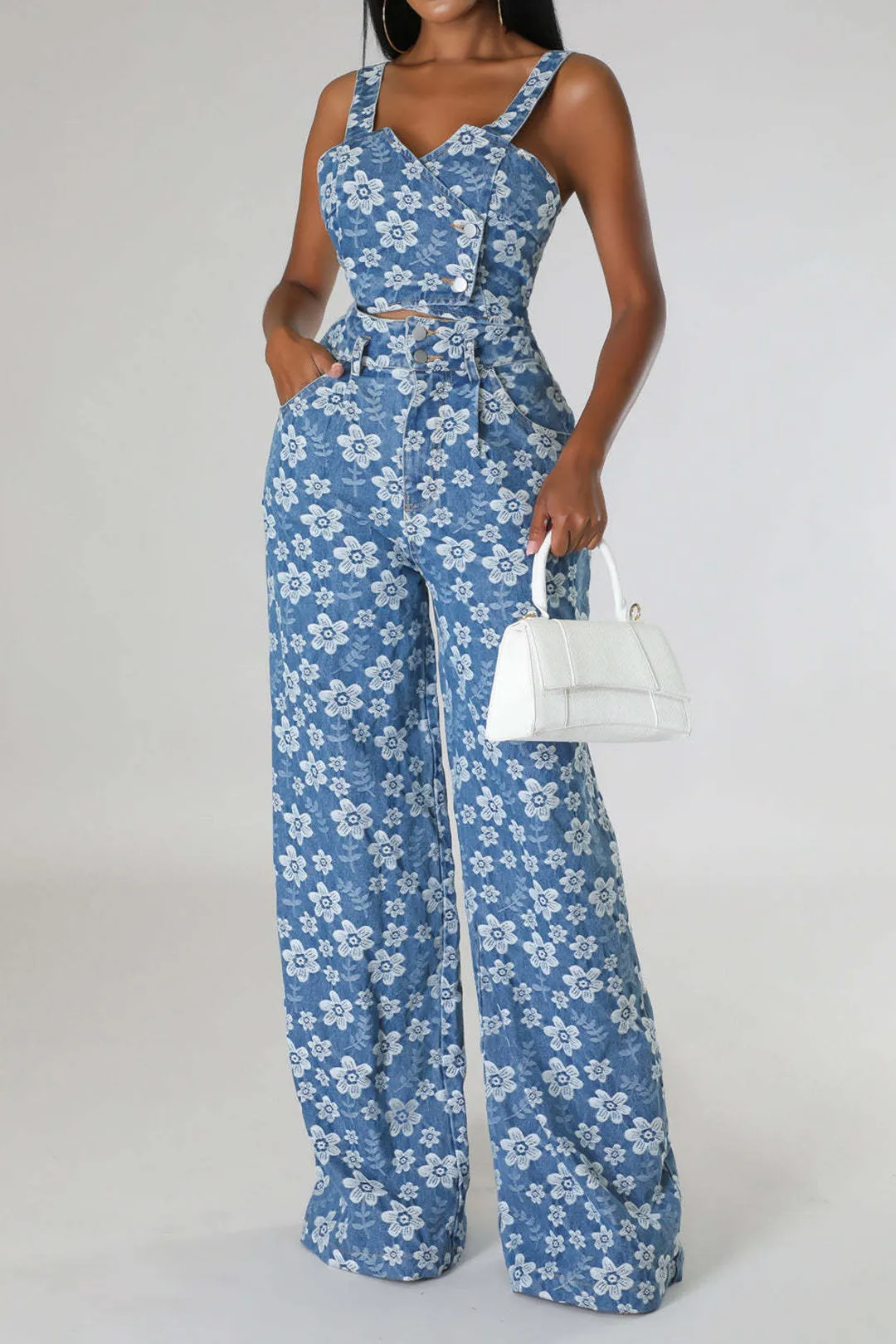 Denim Jacquard indpakket cami top og brede ben jeans sæt sold by Micas