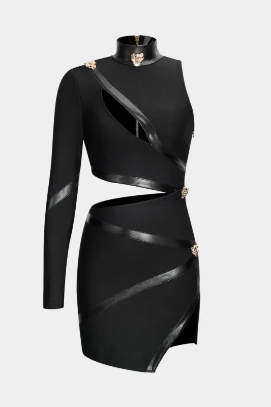 Faux Leather Patchwork Long Sleeve One Shoulder Cut Out Mini Dress sold by Micas