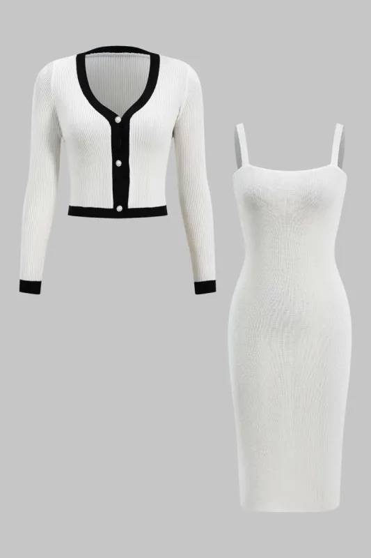 Strik knap V-hals patchwork langærmet cardigan og slip kjole sæt sold by Micas