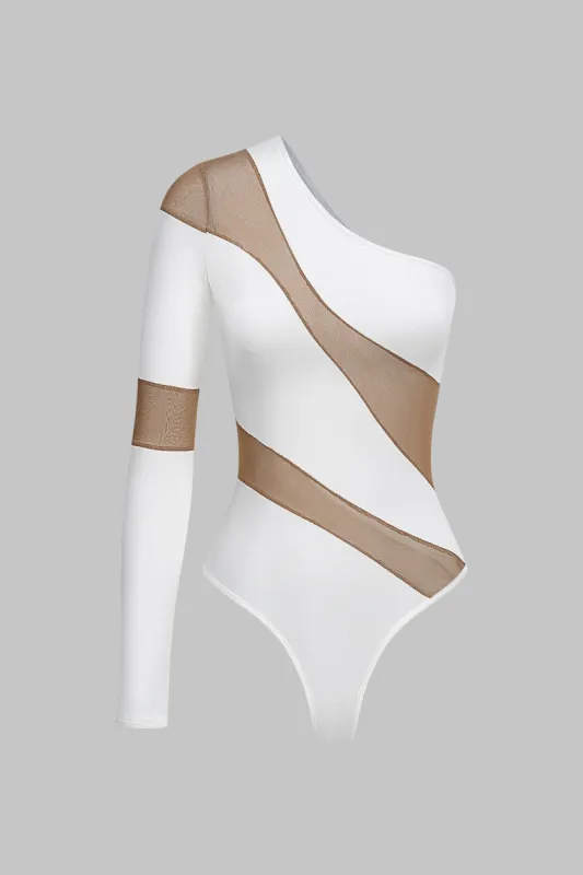 Mesh Sheer Patchwork One skulder Langærmet bodysuit sold by Micas