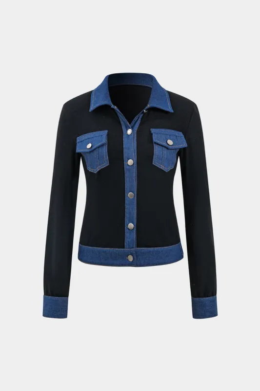 Denim Button Patchwork Pocket Long-Sleeve Top sold by Micas