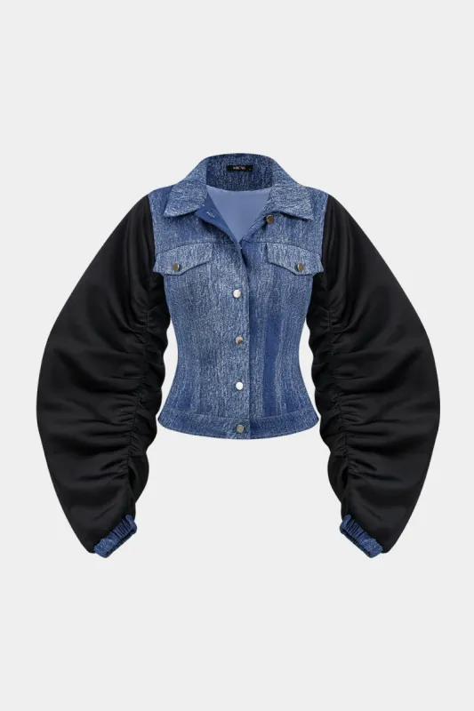 Denim Patchwork Ruched Jacket sold by Micas