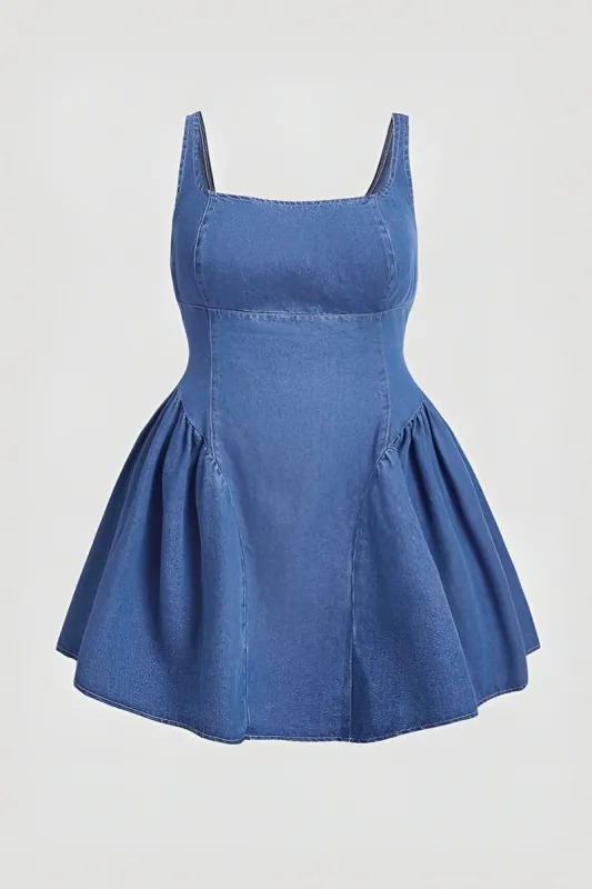 Plus størrelse denim lynlås firkantet nakke ærmeløs mini kjole sold by Micas