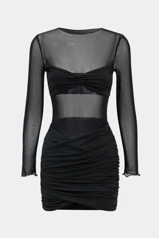 Mesh Patchwork Round Neck Long Sleeve Mini Dress sold by Micas