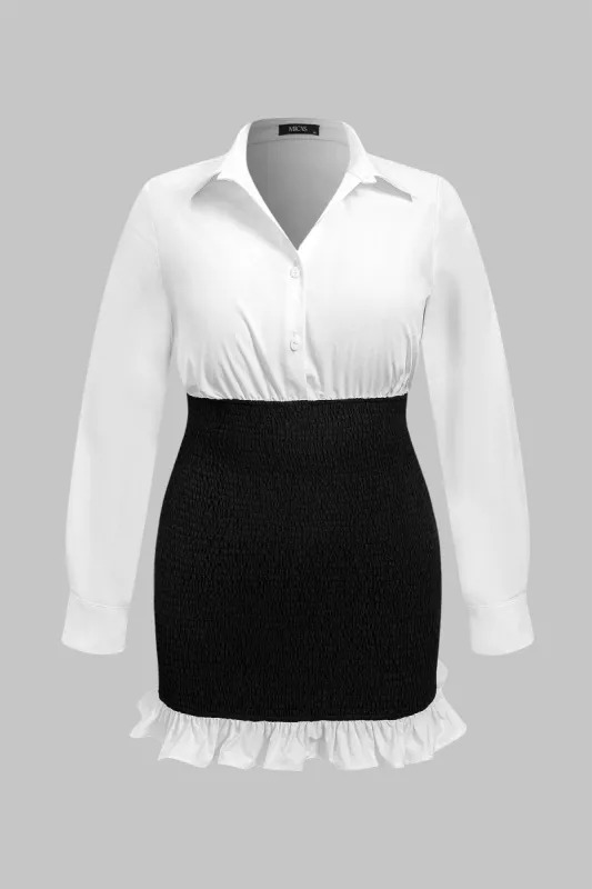 Plus Size Button Shirred Patchwork V-Neck Long Sleeve Mini Dress sold by Micas
