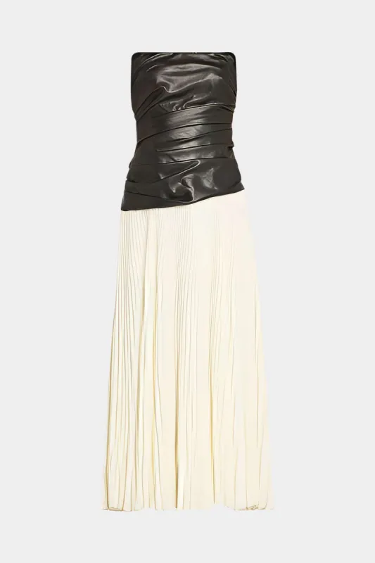 Faux Leather Chiffon Patchwork Pleated Strapless Midi Dress sold by Micas
