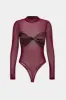 Faux læder mesh patchwork twist knude langærmet bodysuit sold by Micas
