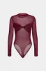 Faux læder mesh patchwork twist knude langærmet bodysuit sold by Micas