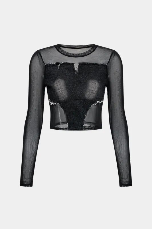Denim mesh patchwork langærmet t-shirt sold by Micas