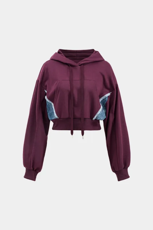 Denim Fringe Trim Patchwork Long-Sleeve Hoodie sold by Micas