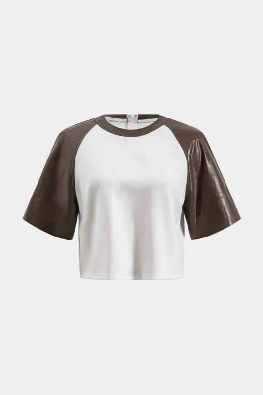 Faux Leather Round Neck Patchwork Short Sleeve T-Shirt sold by Micas