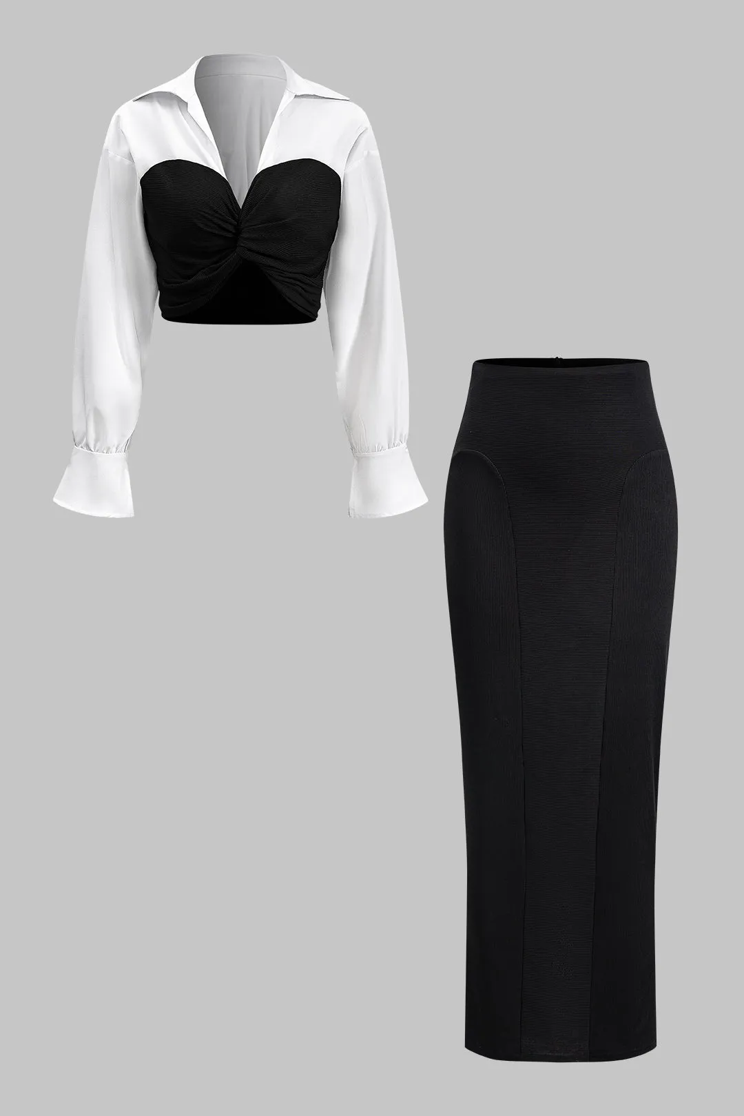 Twist Knot Patchwork Langærmet skjorte og nederdel sæt sold by Micas