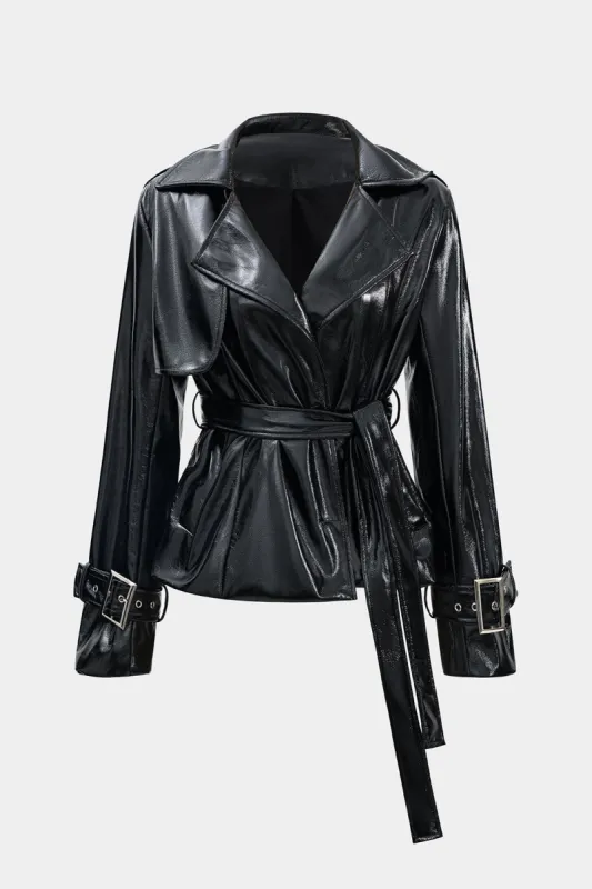 Faux Leather Belted Long Sleeve Jacket sold by Micas