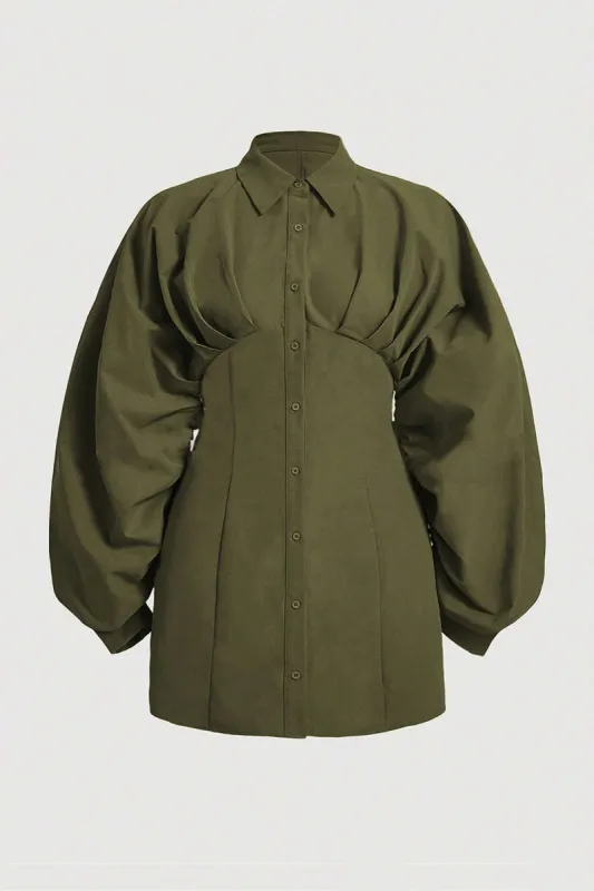 Plus størrelse knap ruched langærmet mini kjole sold by Micas