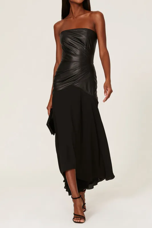 Faux Leather Patchwork Strapless Sleeveless Midi Dress made by Micas