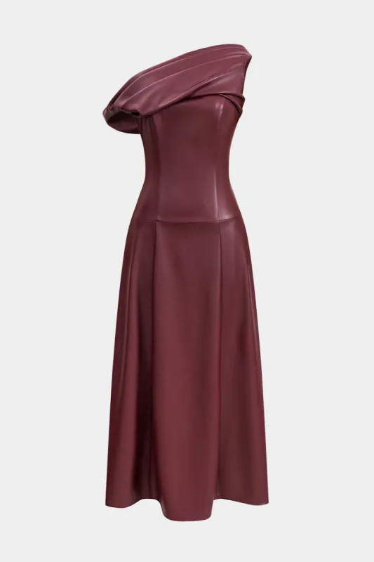 Faux Leather Ruched Asymmetric Neck Maxi Dress sold by Micas
