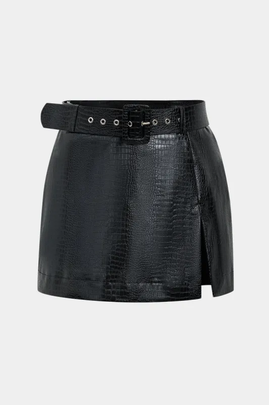 Faux Leather Belted Skirt sold by Micas