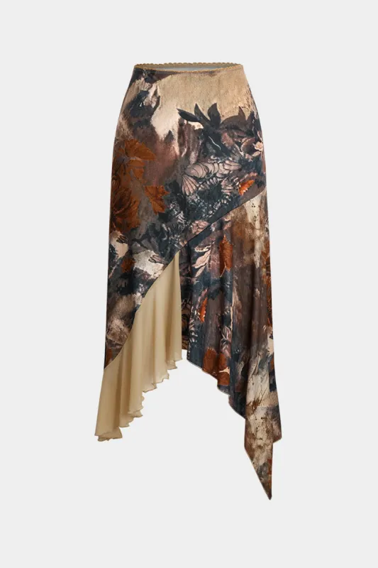 Blomsterprint Mesh Patchwork Asymmetric Hem Nederdel sold by Micas