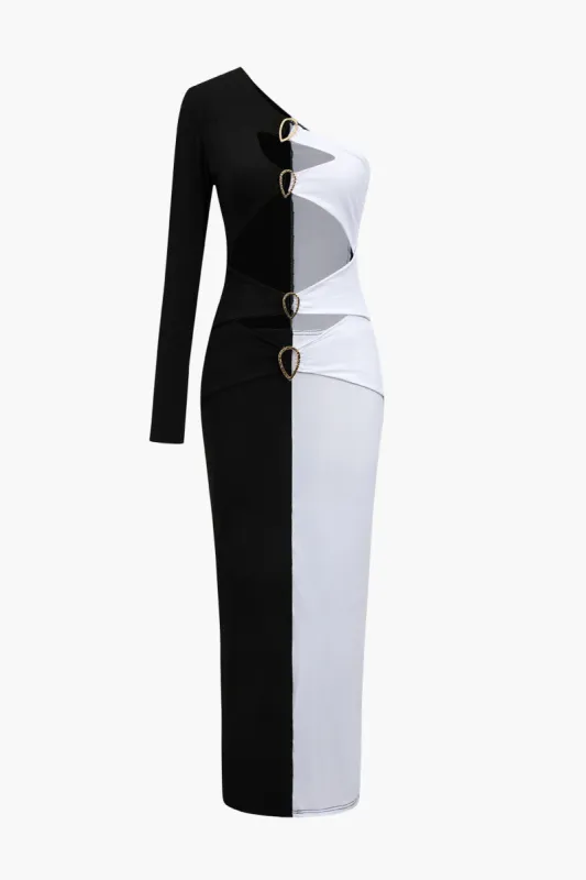 Metal Buckle One Shoulder Patchwork Langærmet midi -kjole sold by Micas