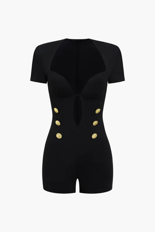 Metallisk knap V-hals kortærmet romper sold by Micas