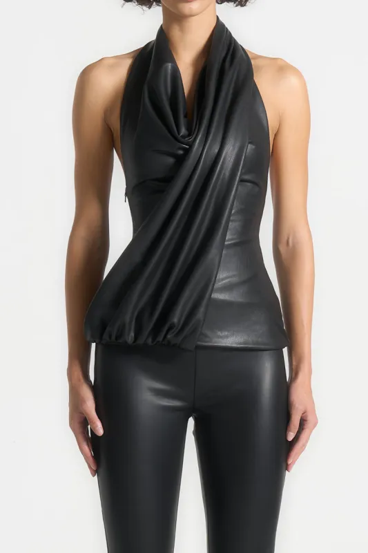 Faux Leather Backless Ruched Sleeveless Tank Top sold by Micas