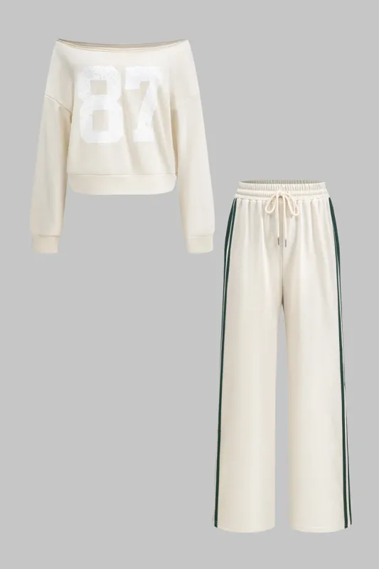 Digital Pattern off Shoulder Long-Sleeve Top And Drawstring Trousers Set sold by Micas