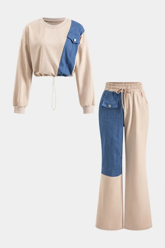 Denim patchwork lomme draws -top og bukser sæt sold by Micas