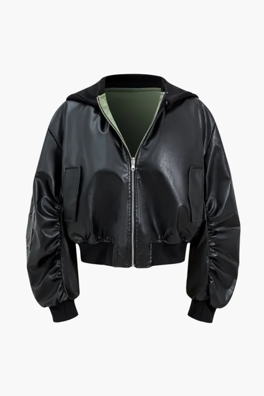 Faux Leather Zipper Hooded Pocket Long-Sleeve Jacket sold by Micas