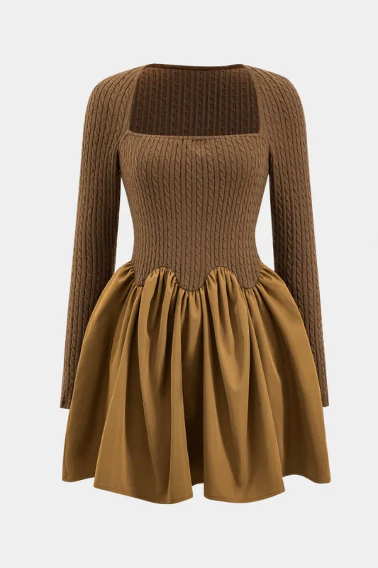 Knit Ruched Patchwork Square Neck Long Sleeve Dress sold by Micas
