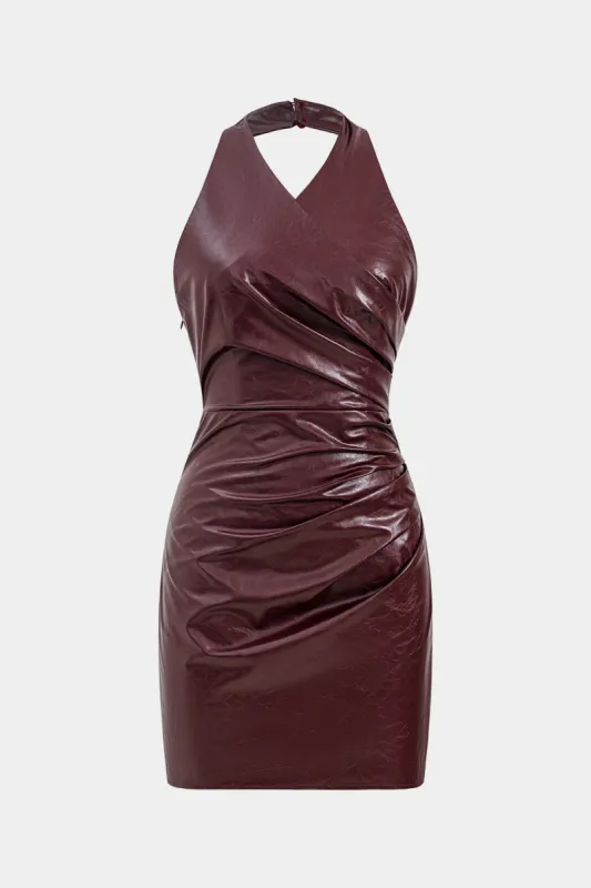 Faux Leather Halter Neck Ruched Sleeveless Mini Dress sold by Micas