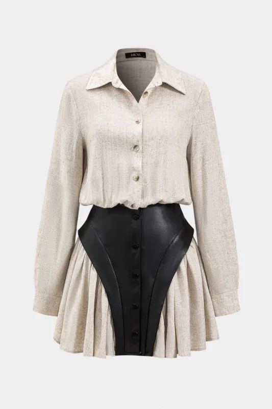 Faux læder linned slips front knap patchwork langærmet mini kjole sold by Micas