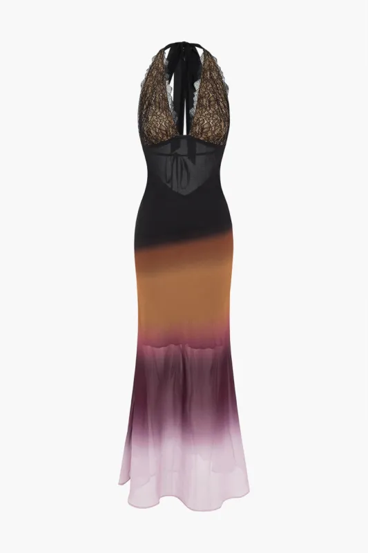 Ombre print mesh rygfri blonder ærmeløs maxi kjole sold by Micas